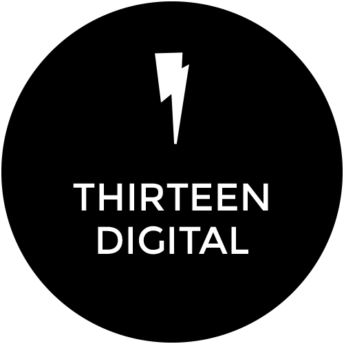 Thirteen Digital's logo that is a black circle with the words' 'Thirteen Digital' and a lighting bolt.