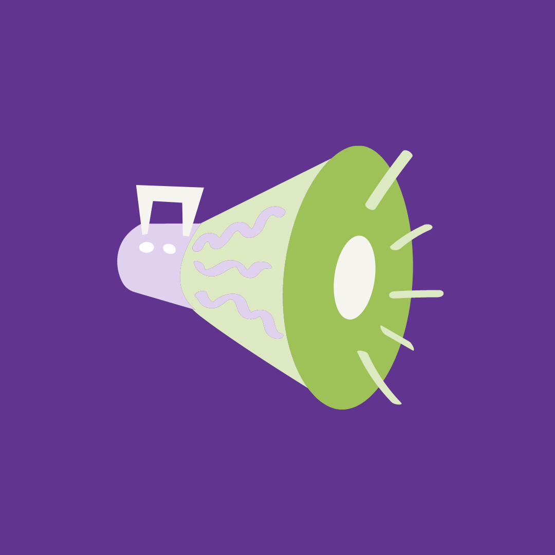 Graphic of a green and light purple megaphone on a purple background.